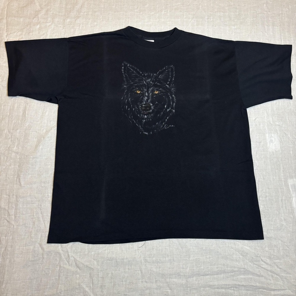 Vintage Wolf Shirt Mens XL Black Hand Painted Single Stitch Tee USA 90s